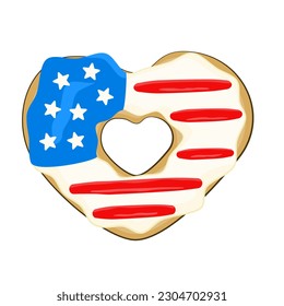 National Donut Day. 4th of July. Doughnut in the shape of the heart in colors of USA flag. Cartoon. Vector illustration. Isolated on white background