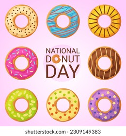 Banner des NationalDonut-Tages. 2. Juni. Stock-Vektorgrafik im flachen Cartoon-Stil.