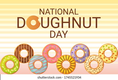 National Donut Day banner. 5th june. Can be used for web. Stock vector illustion in flat cartoon style.