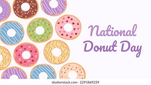 National Donut Day banner. Celebrations promotional flyer. Flat cartoon illustration of variety donuts.