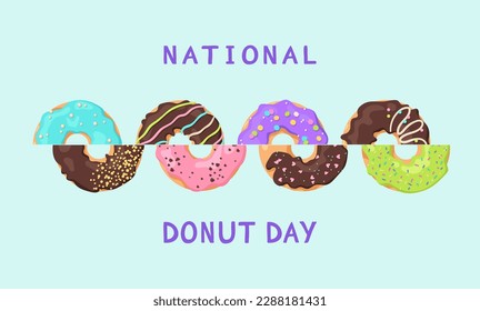 National donut day banner. Promotional card with a variety of delicious donut halves