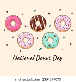 National Donut Day cartoon greeting card or flyer design. Square holiday vector pastel colored illustration with text on beige background.