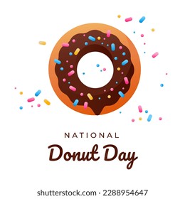 National donut day in cartoon style. Banner, poster, greeting card. Vector drawing. Heart symbol. Chocolate cake. Happy birthday. Sweet food