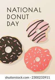 National Donut Day celebration. Colourful Postcard with thee donuts. Food and summer concept. Vector illustration for poster, banner, advertising, cover.