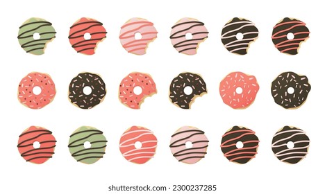 National Donut Day celebration. Colourful Set of Different donuts. Food and summer concept. Vector illustration for poster, banner, advertising, cover.