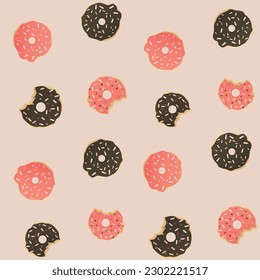 National Donut Day celebration pattern. Colourful Set of Different donuts. Food and summer concept. Vector illustration for poster, banner, advertising, cover.