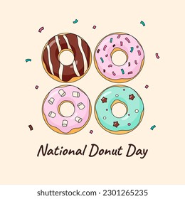 National Donut Day cute doodle greeting card template with colorful sprinkles. Square holiday background design. Various donuts vector illustration.