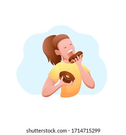 National Donut Day Flat Design Isolated Banner. Young hungry woman eating a donut with chocolate. Modern vector illustration.