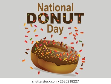 National donut day flat vector illustration poster. Donuts with icing and colorful sprinkles on light background. Graphic resource design.