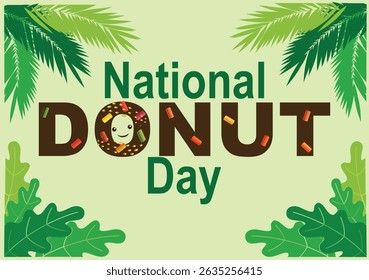 National donut day flat vector illustration poster. Donuts with icing and colorful sprinkles smiling face on light background. Graphic resource design.