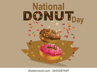 National donut day flat vector illustration poster. Donuts with a gift box exploding in icing and colorful sprinkles on light background. Graphic resource design