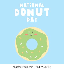 National donut day. Funny character. Flat illustration. Hand drawn vector design. on blue background
