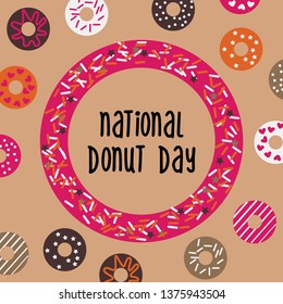 National Donut Day greeting card, poster, banner. USA american traditional holiday background with doughnut frame and pattern. Vector illustration.