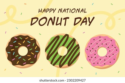 National Donut Day greeting card isolated on light yellow background. Cute illustration in flat style. Vector illustration.