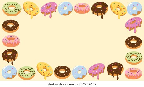 National Donut Day greeting card. Greeting card with colorful donuts. Background with copy space area for text