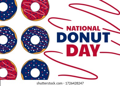 National Donut Day. Holiday concept. Template for background, banner, card, poster with text inscription. Vector EPS10 illustration