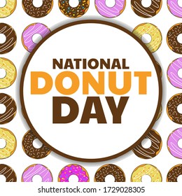 National Donut Day. Holiday concept. Template for background, banner, card, poster with text inscription. Vector EPS10 illustration