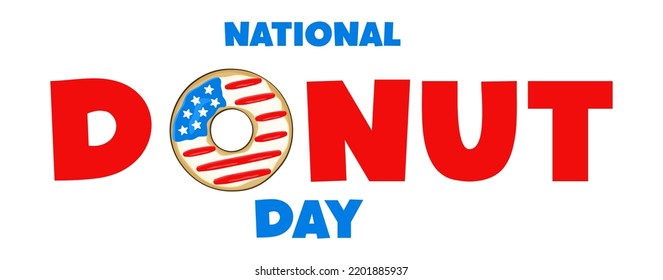 National Donut Day lettering with donut in colors of the USA flag. Banner concept. Vector illustration. Cartoon