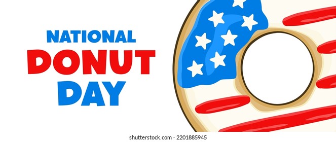 National Donut Day lettering with donut in colors of the USA flag. Banner concept. Cartoon. Vector illustration. 