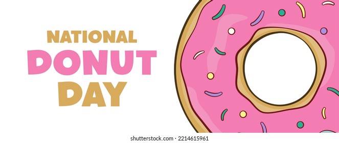 National Donut Day lettering with pink donut. Vector illustration. Cartoon