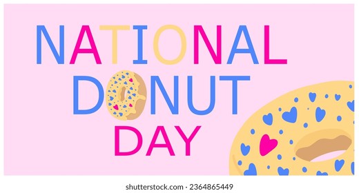 National Donut Day lettering with pink donut. Vector illustration. Cartoon