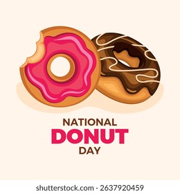 National Donut Day poster vector illustration. Doughnut with pink and chocolate frosting icon vector. Bitten donut drawing. Template for background, banner, card. The first Friday of June every year