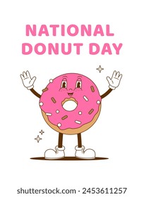 Día Nacional del Donut. Ilustración vectorial de personajes de donuts de dibujos animados retro. Antiguas bollo mascota.