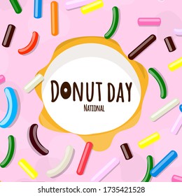 National Donut day text in cartoon style  with in pink glaze with multi-colored pastry topping Vector illustration