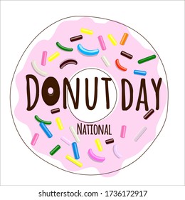 National Donut day text  with  donuts in pink glaze whith multi-colored pastry isolated on white background