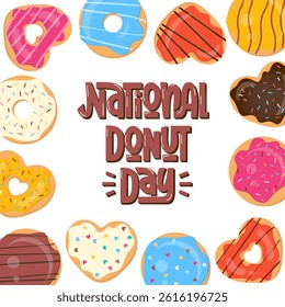 National Donut Day Text. Donuts Square Frame. Sweet Cookies Background. Doughnut Dessert Border.