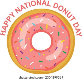 National Donut Day. Vector illustration with delicious donut with sweet pink glaze and colorful sprinkles