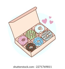 DÍA NACIONAL DE DONUT. Dibujar graciosa ilustración tradicional kawaii dulce donut vector. Cocina tradicional americana, cocina, concepto de menú. Doodle al estilo de las caricaturas.