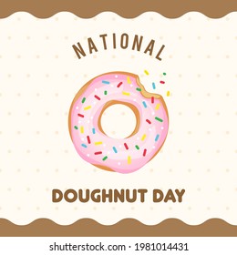 National Doughnut day greeting card vector illustration. A bitten donut on vintage background