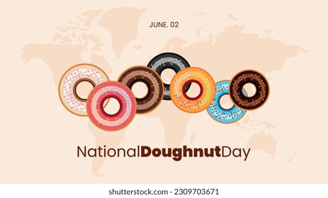 Plantilla de fondo de afiche del Día Nacional del Oro con siete coloridos donuts y un mapa del mundo. Día Nacional del Donut 20 de junio. Ilustración vectorial en estilo moderno. Recursos gráficos editables.