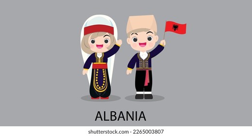  national dress with a flag. Man and woman in traditional costume. Travel to Albania.