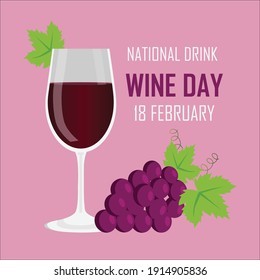 National Drink Wine Day. 18 February. Grape Wine In A Bottle And Glass Full Of Alcohol Drink. Vector Illustration