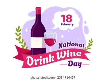 National Drink Wine Day Vector Illustration on February 18 with Glass of Grapes and Bottle in Flat Cartoon Purple Background Design