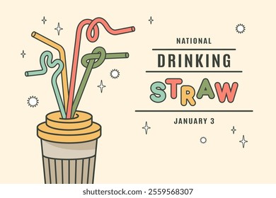 National drinking straw day. Various drinking straws in paper cup. Colour plastic drinking straws. Soft drink cup. Retro horizontal banner. Vintage elements in 60s, 70s, 80s. Vector 