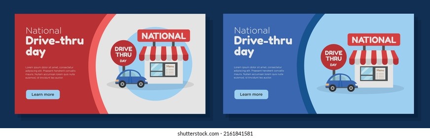 National drive thru day online banner template set, restaurant food pickup point advertisement, horizontal ad, Drive-Thru day, 24 July 2022 webpage, pick-up service creative brochure, isolated.