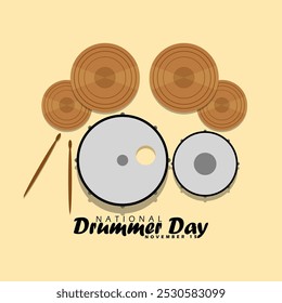 National Drummer Day celebrates on November 15th. The drum set consists of several cymbals, kick bass, snare and drum sticks on beige background. Musician event banner.