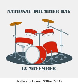 National Drummer Day. Music Drumm Flat Vector illustration. Percussion, Music instrument. Greeting card, Social media post, Banner with Text. Cartoon template for Flyer, Poster. Design element