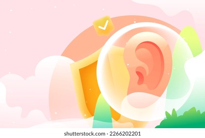 National ear care day, doctor checks ears for patient with shield and medicine on background, vector illustration