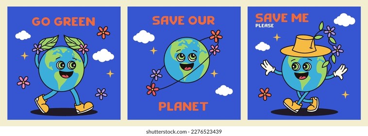 National Earth Day. Posters with groovy earth. Vector posters. Flat style.
