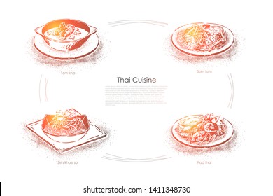 National eastern cuisine, tom kha soup, som tam, sen khao soi, pad thai, traditional asian food banner