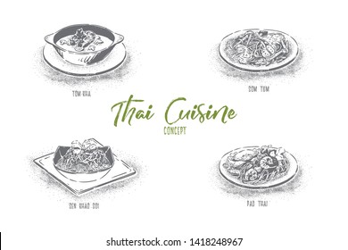 National eastern cuisine, tom kha soup, som tam, sen khao soi, pad thai, traditional asian food banner