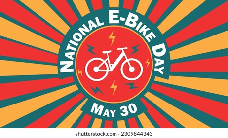 National E-Bike Day vector banner design with sunburst effect multicolored striped background, bike icon and typography. National E-Bike Day modern simple poster illustration.