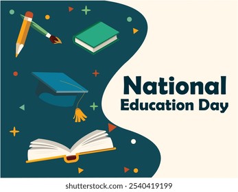 Dia Nacional da Educação. Fundo de cartaz criativo com Livros, Lápis e Graduação Cap.