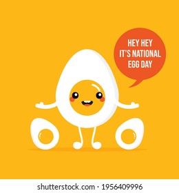 National Egg Day greeting card, illustration with cute cartoon style  boiled egg character with speech bubble. June 3.