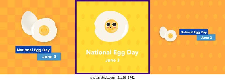 National Egg Day Greeting Card Set. Square Format. Celebrated on June 3. Vector Illustration of Sunny-side up eggs, and egg shell. Yolk with cartoon face. Editable. EPS 10.