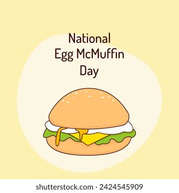 National Egg McMuffin Day. Event banner. Burger with an egg on a yellow background. March 2 celebration